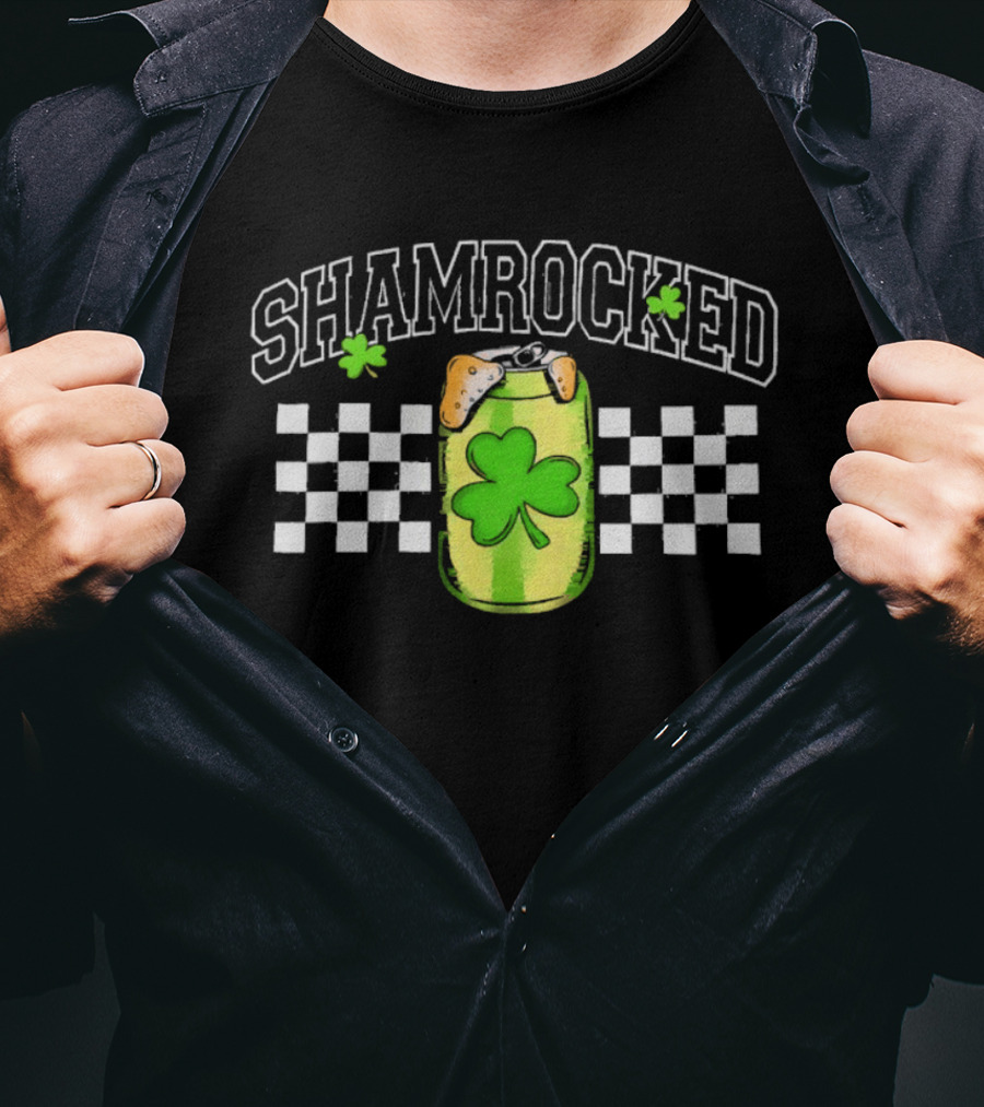 Shamrocked St. Patrick's Day Beer Can Checkerboard Clover USA T-Shirt