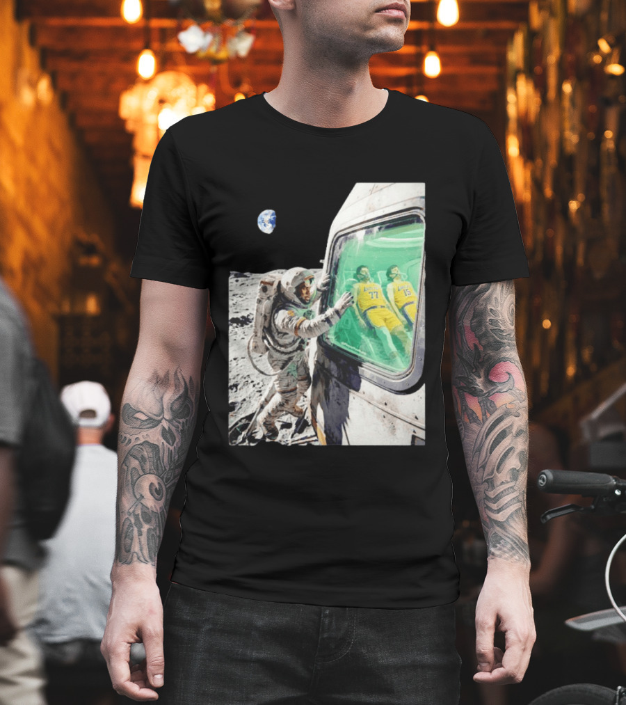 LeBron James Lakers Alone In Space Astronaut Scene With Number 77 And 15 In Spaceship T-Shirt