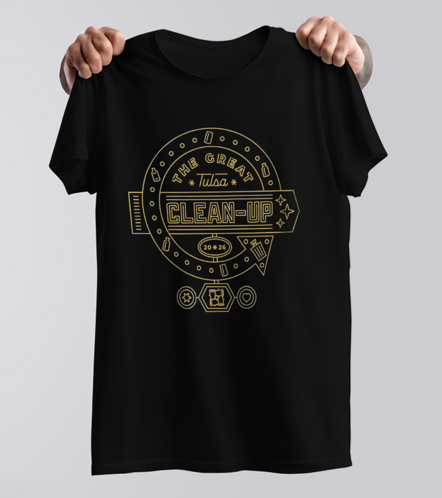 The Great Tulsa Clean Up 2020 Event Badge With Recycling Symbols And Stars T-Shirt