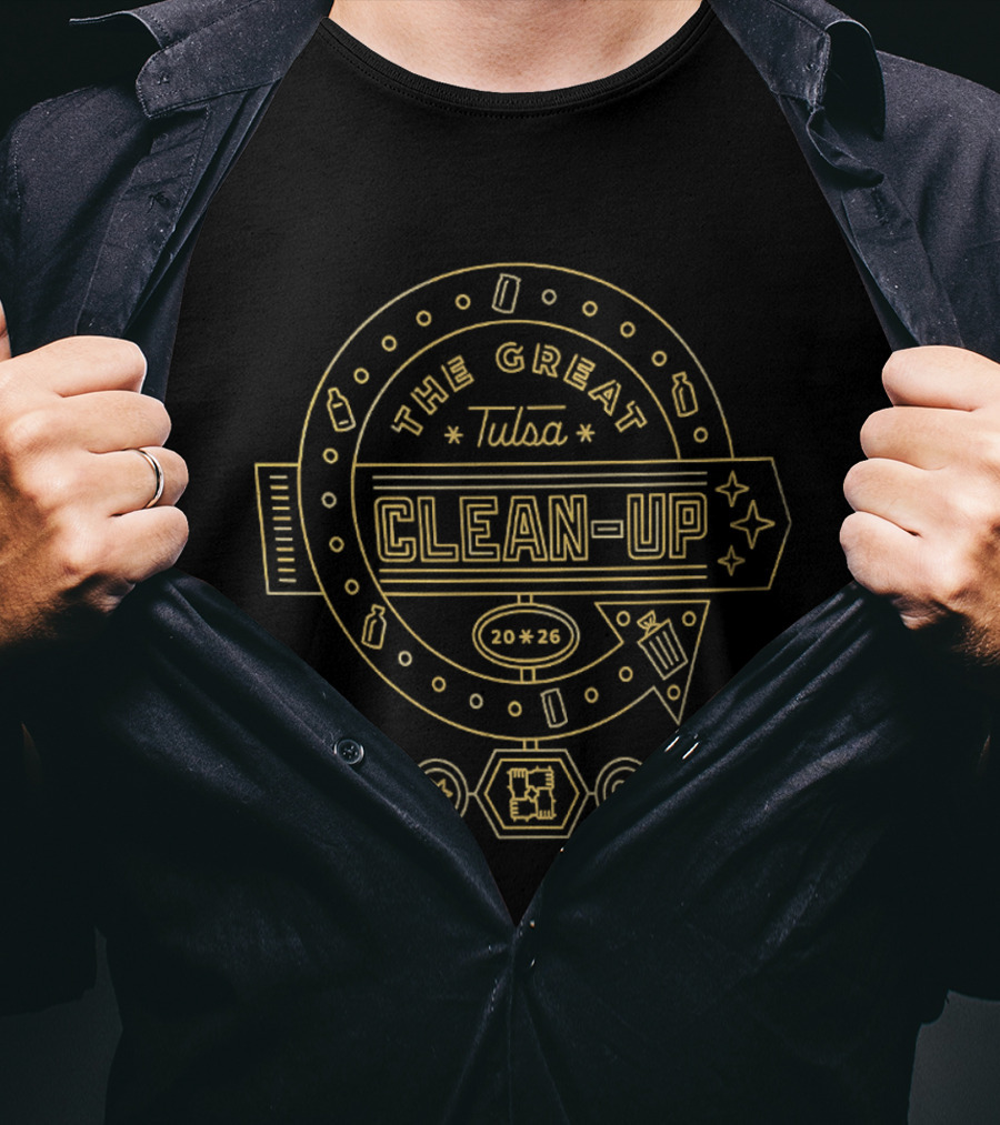 The Great Tulsa Clean Up 2020 Event Badge With Recycling Symbols And Stars T-Shirt