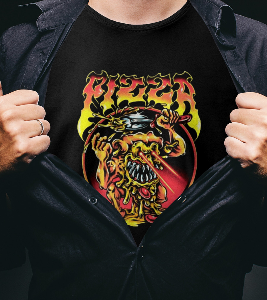 Pizza Monster Melting Laser Eyes Fiery Cheesy Creature T-Shirt