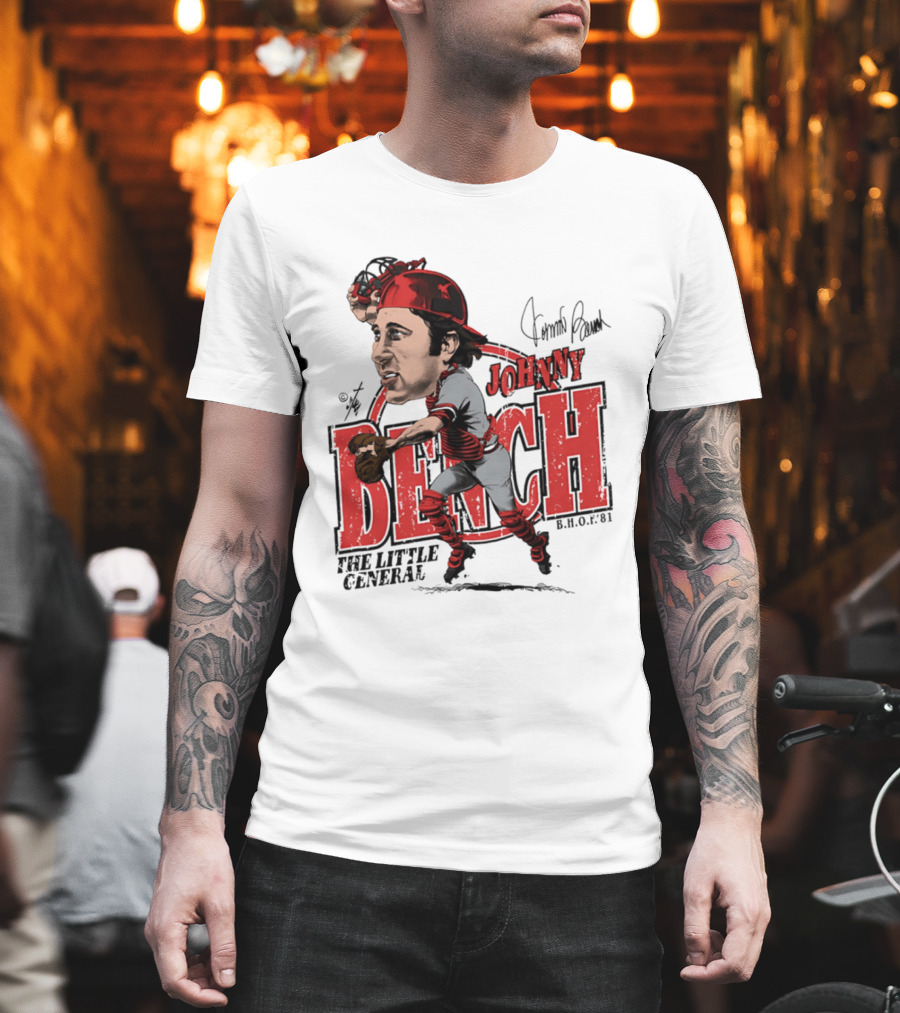 Johnny Bench Cincinnati The Little General Bruce Stark Collection HOF Caricature T-Shirt