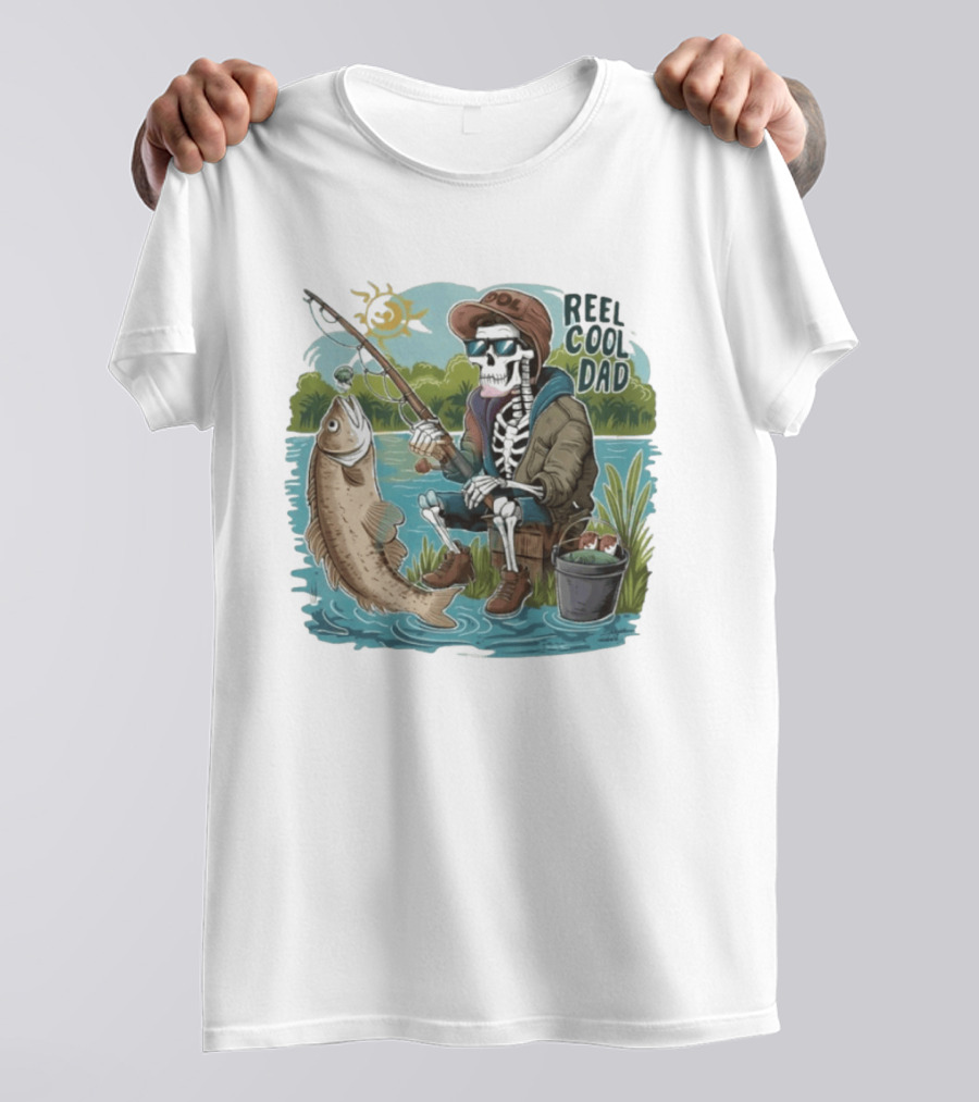 Reel Cool Dad Fishing Skeleton Catching Fish Cartoon T-Shirt