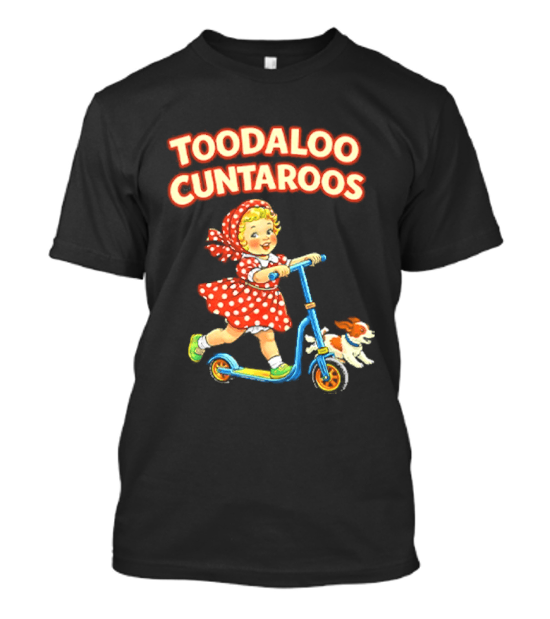 Toodaloo Cuntarooms Scooting Girl And Dog Red Polka Dot Dress T-Shirt