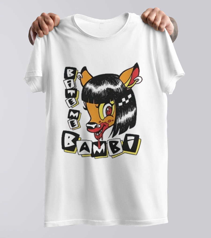 Bite Me Bambi Cartoon Character With Black Hair And Blood Dripping Mouth T-Shirt