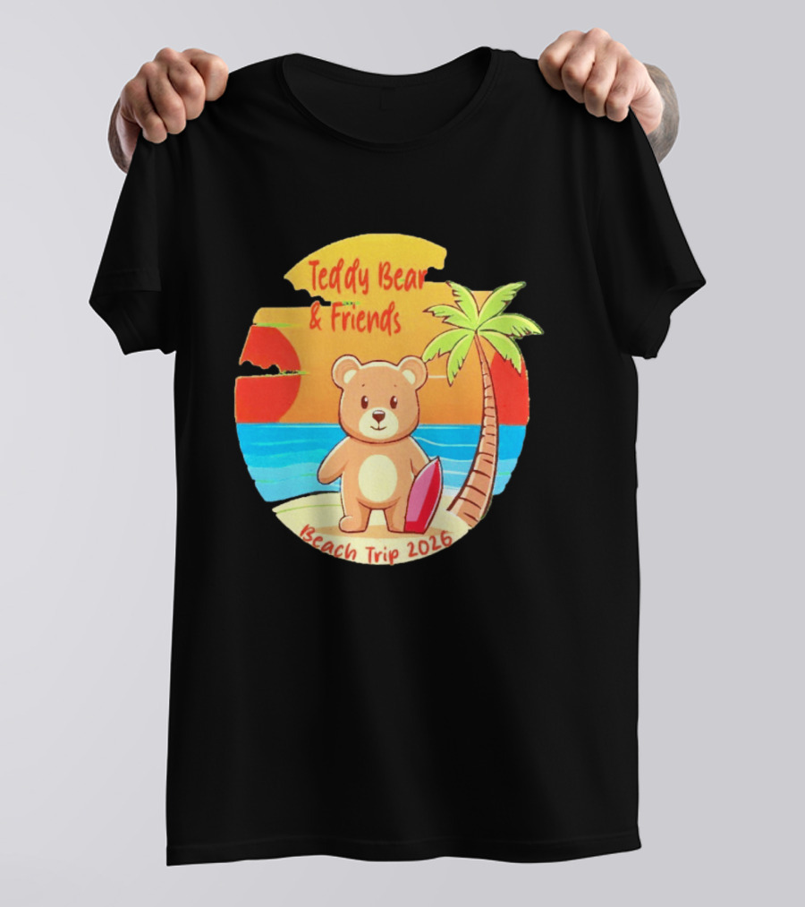Teddy Bear And Friends Beach Trip 2026 Summer Adventure With Palm And Sunset T-Shirt