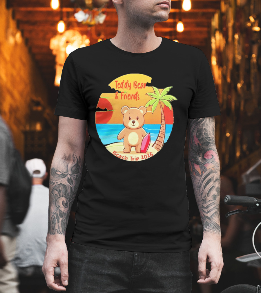Teddy Bear And Friends Beach Trip 2026 Summer Adventure With Palm And Sunset T-Shirt