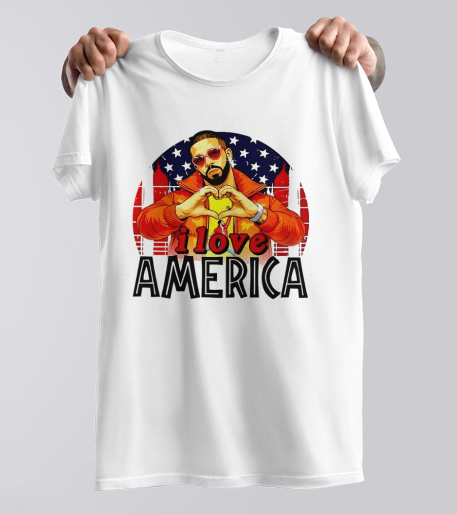 Drake I Love America Flag Heart Gesture Red Jacket Sunglasses T-Shirt