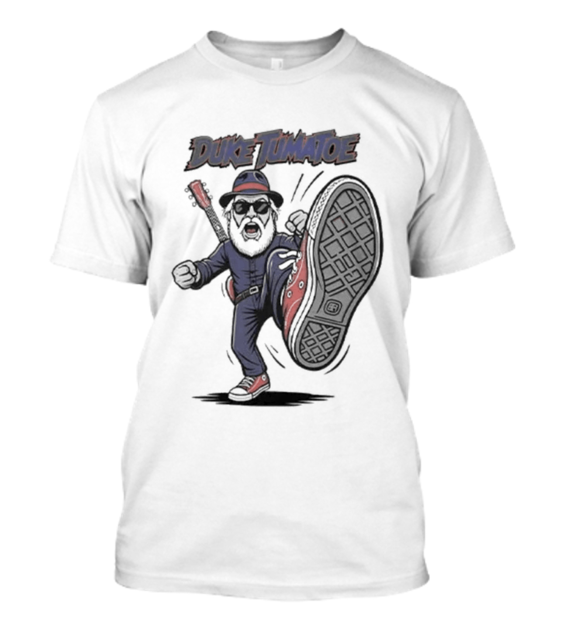Duke Tumatoe Character Kicking Action In Blue Outfit And Red Shoes T-Shirt