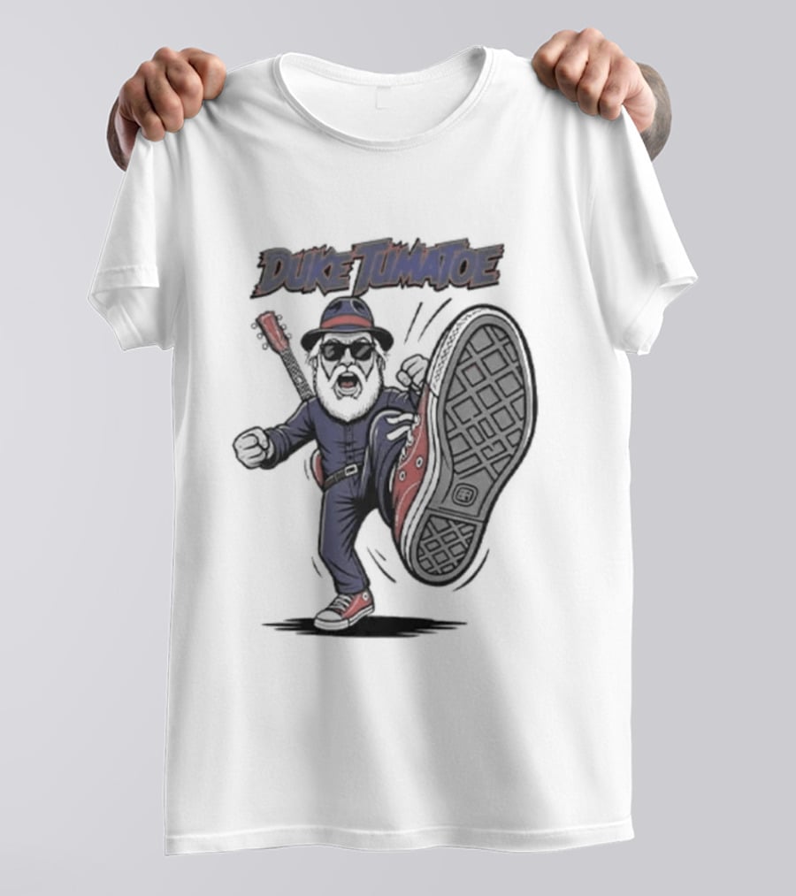 Duke Tumatoe Character Kicking Action In Blue Outfit And Red Shoes T-Shirt
