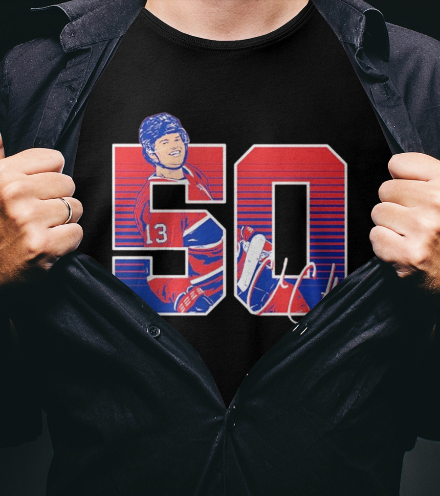 Cole Caufield 50 Goal Montreal Number 13 Hockey Player Signature T-Shirt