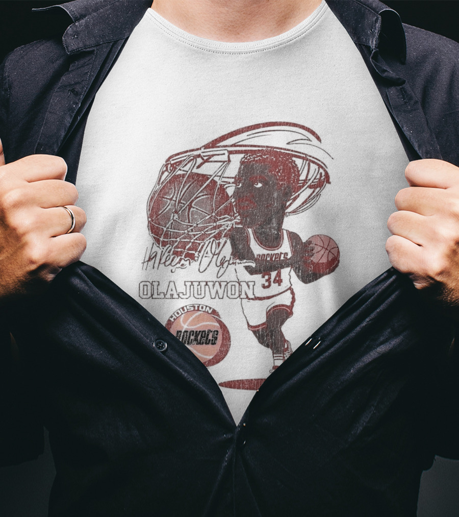 Houston Rockets Hardwood Classics Hakeem Olajuwon Number 34 Caricature T-Shirt