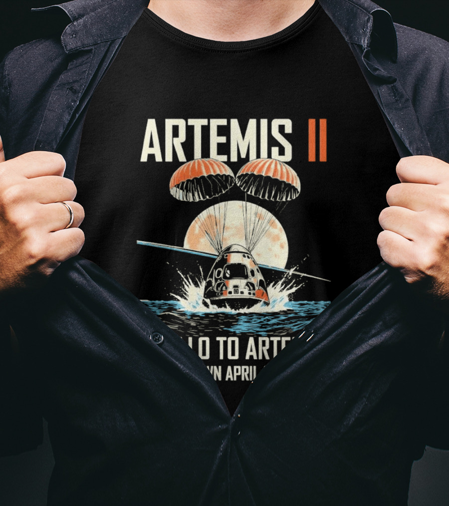 Artemis II Apollo To Artemis Splashdown April 10th 2026 Parachute Moon Ocean Scene T-Shirt