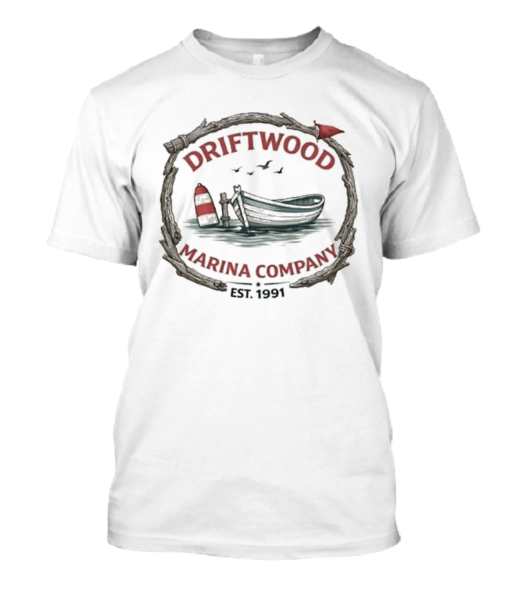 Driftwood Marina Company Est 1991 Nautical Boat Seaside Scene T-Shirt