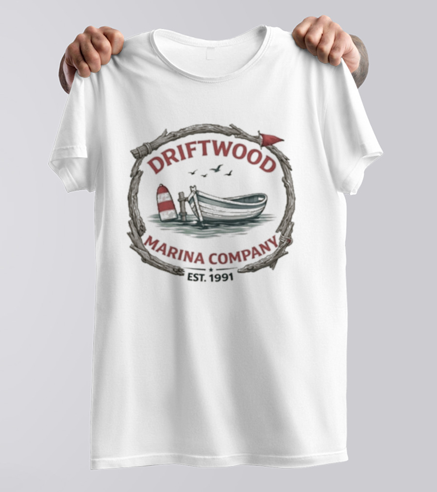 Driftwood Marina Company Est 1991 Nautical Boat Seaside Scene T-Shirt