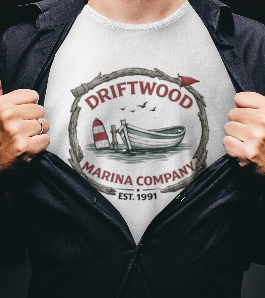 Driftwood Marina Company Est 1991 Nautical Boat Seaside Scene T-Shirt
