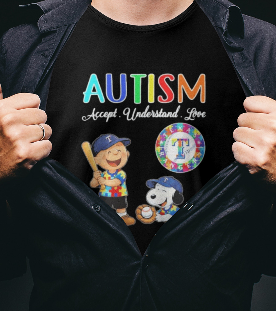 Peanuts Texas Rangers Autism Accept Understand Love Charlie Brown Snoopy T-Shirt