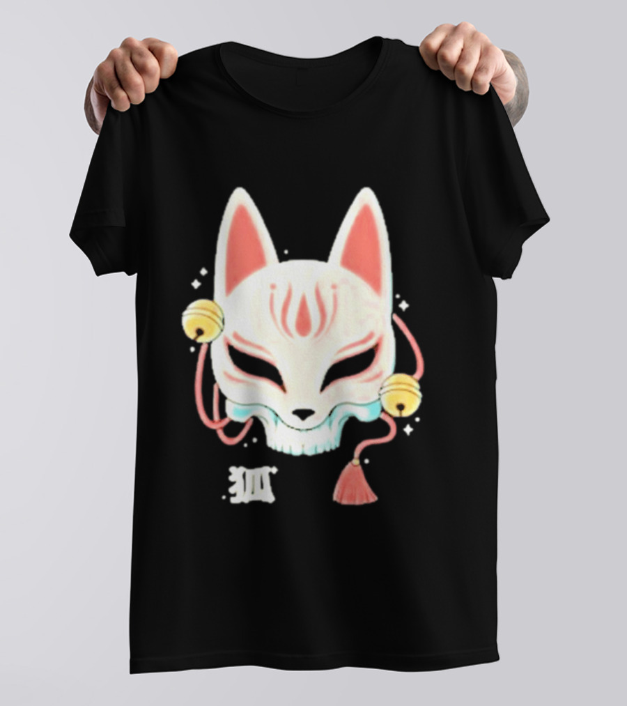 Lonely Club Kitsune Skull Mask With Bells And Kanji T-Shirt