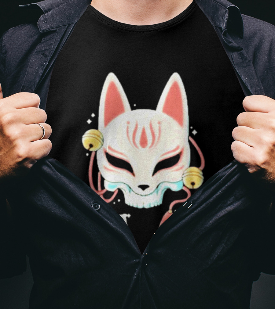 Lonely Club Kitsune Skull Mask With Bells And Kanji T-Shirt