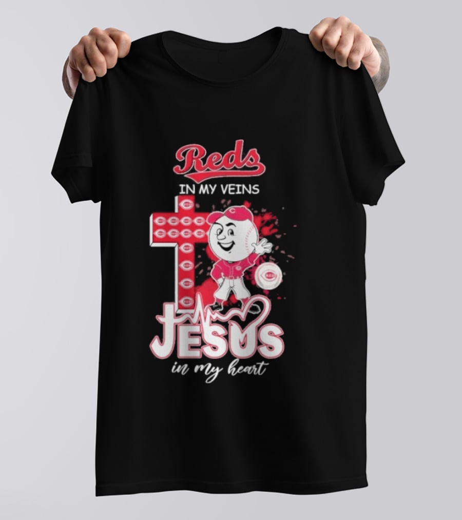 Reds In My Veins Jesus In My Heart Baseball Cross T-Shirt