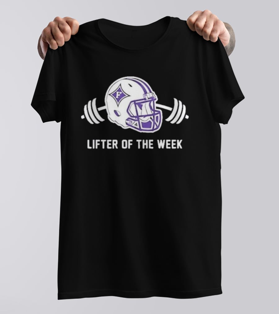 Furman Paladins Lifter Of The Week Helmet Logo With Weights T-Shirt