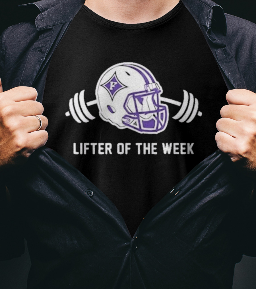 Furman Paladins Lifter Of The Week Helmet Logo With Weights T-Shirt