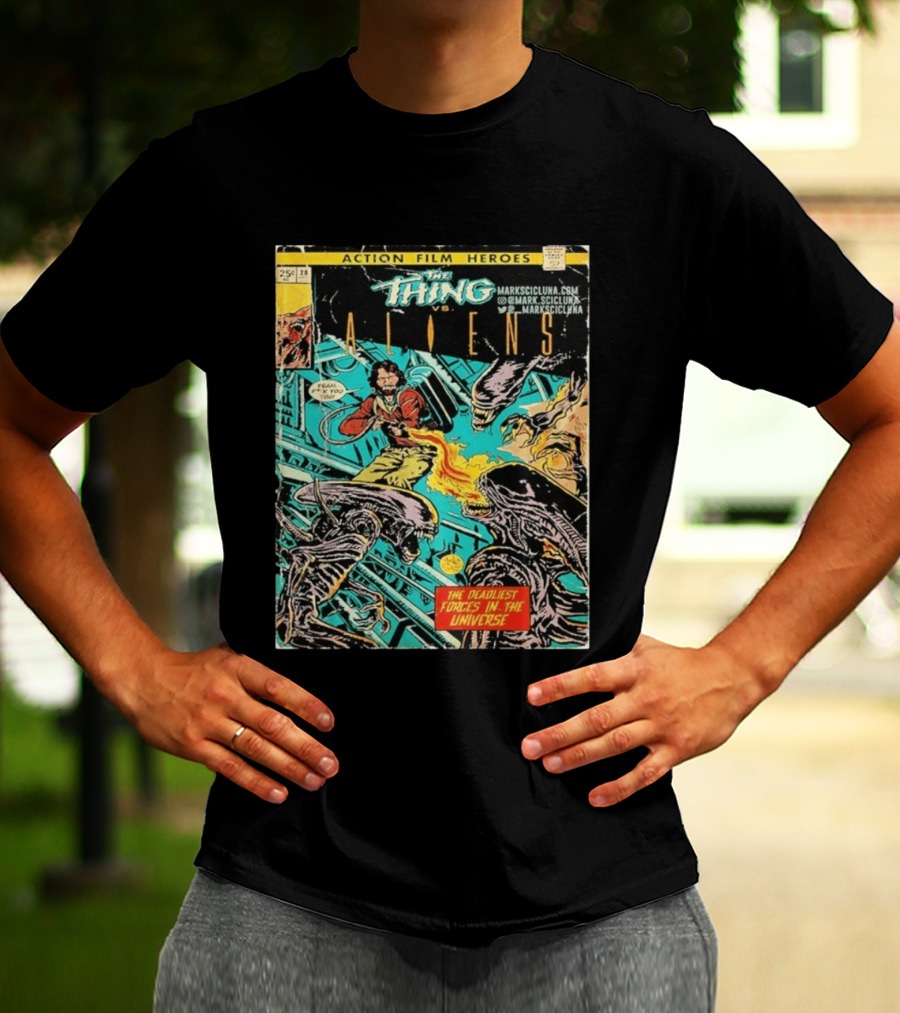 The Thing Vs Aliens MacReady Action Film Heroes Comic The Deadliest Forces In The Universe T-Shirt