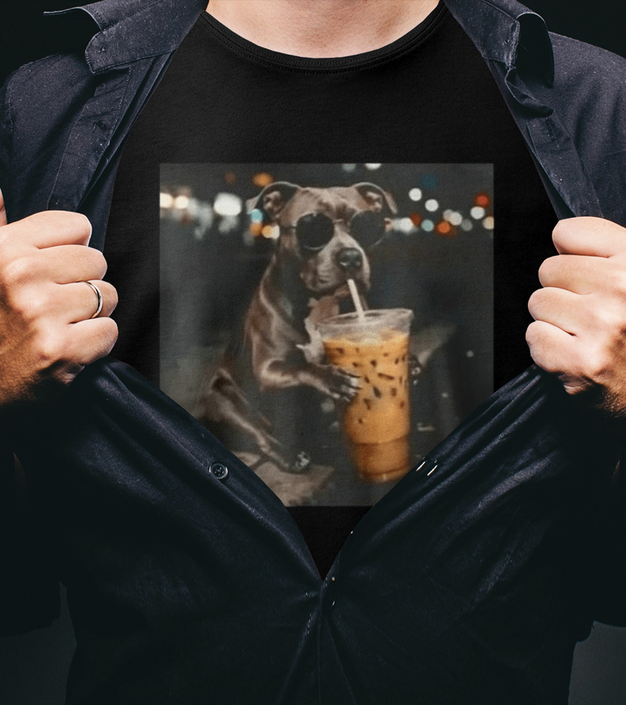Rottweiler Dog With Sunglasses Sipping Iced Coffee T-Shirt