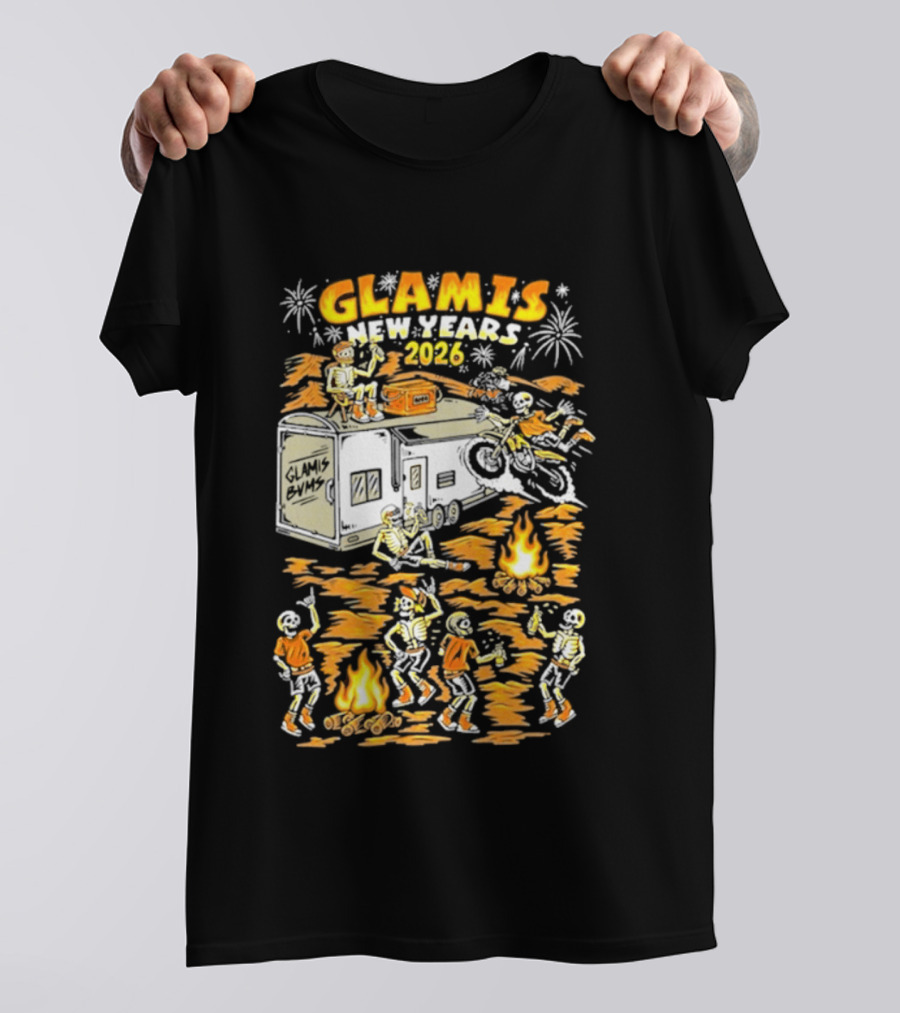Glamis New Years 2026 Skeletons Campfire Celebration With Motorbike And Fireworks T-Shirt