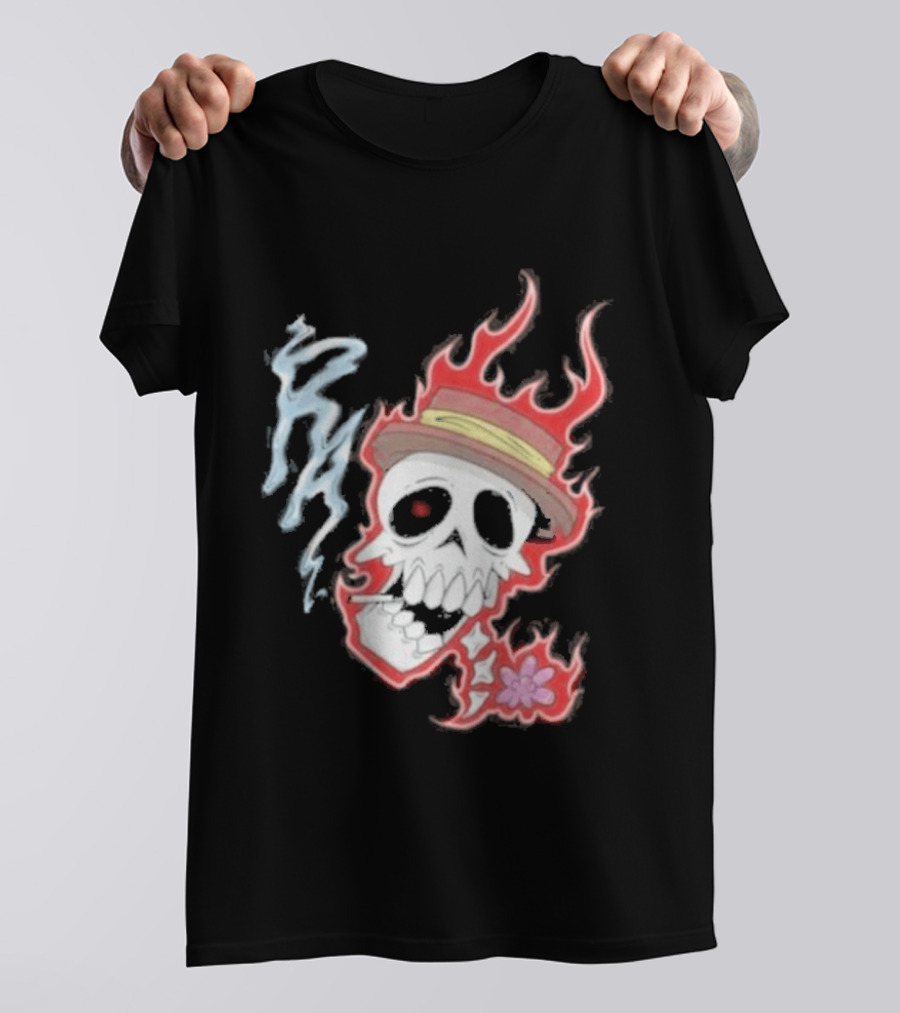 Rare Americans Skull With Flames And Hat Flower T-Shirt