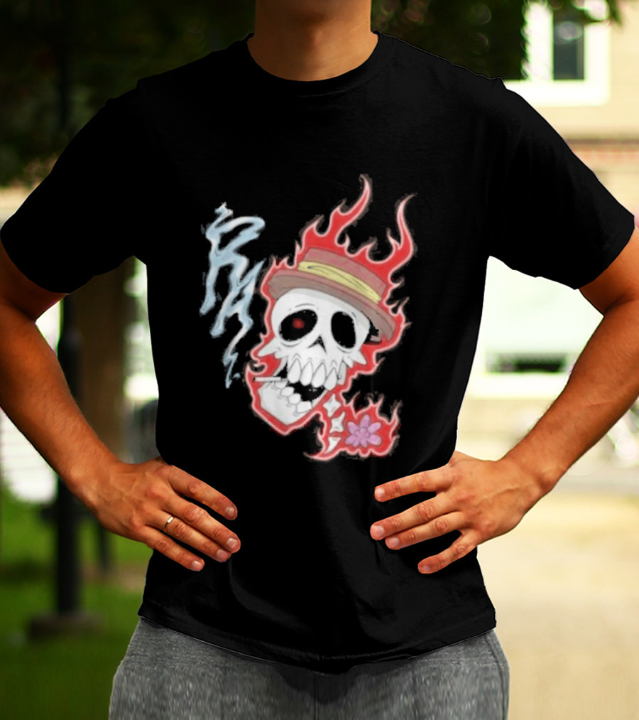 Rare Americans Skull With Flames And Hat Flower T-Shirt