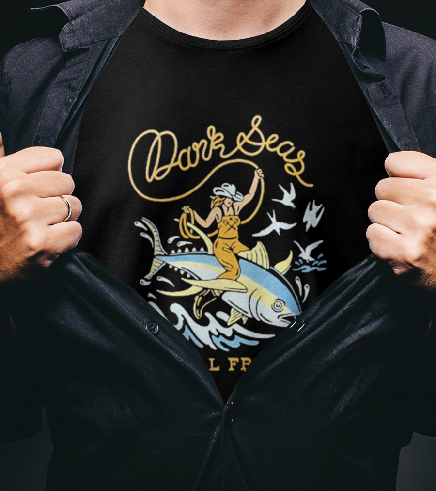 Dark Seas Coastal Frontier Ride 'em Wet Adventure Ocean Cowboy On Fish T-Shirt