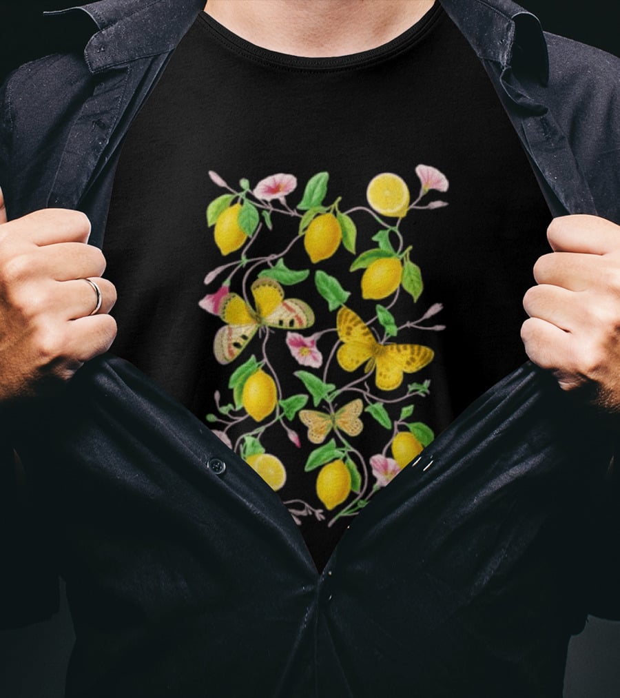 Botanical Lemon Butterfly Pink Flowers And Green Leaves T-Shirt