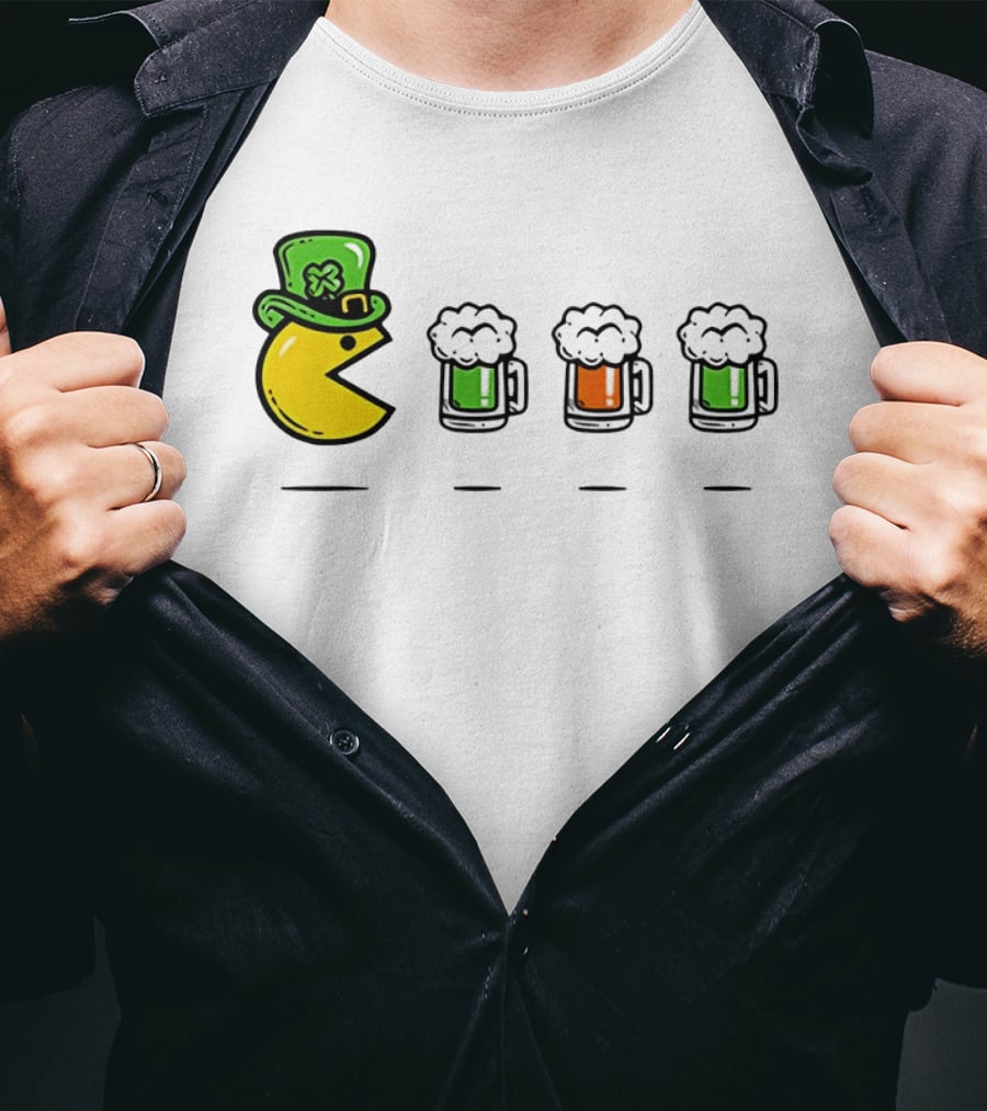Pac Man St Patrick's Day Leprechaun Hat With Green Beer S T-Shirt