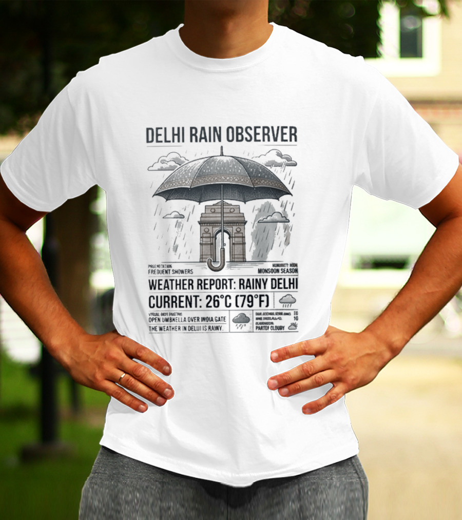 Delhi Rain Observer Current Weather Report Rainy 26°C (79°F) T-Shirt