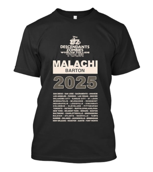 Descendants Zombies Worlds Collide Tour Malachi Barton 2025 City List T-Shirt