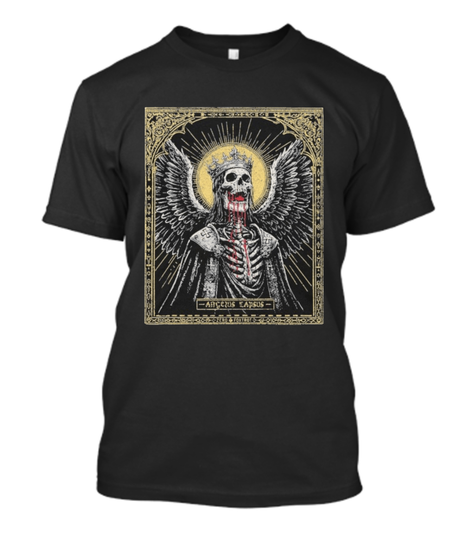 Zero Foxtrot Angelus Lapsus Fallen Angel Skeleton Halo Crown Wings Sacred Gothic Image T-Shirt