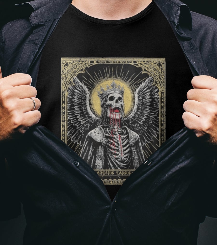 Zero Foxtrot Angelus Lapsus Fallen Angel Skeleton Halo Crown Wings Sacred Gothic Image T-Shirt