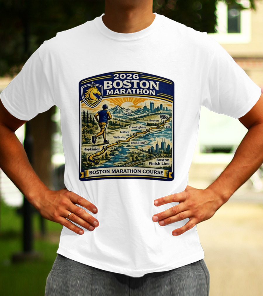 2026 Boston Marathon Course Hopkinton Framingham Natick Wellesley Brookline Finish Line T-Shirt