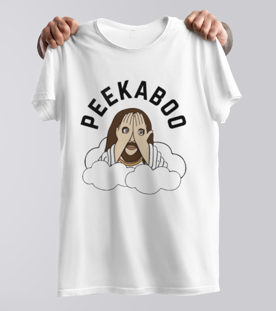 PEEKABOO Jesus Cartoon Clouds Playful Hands Covering Eyes T-Shirt