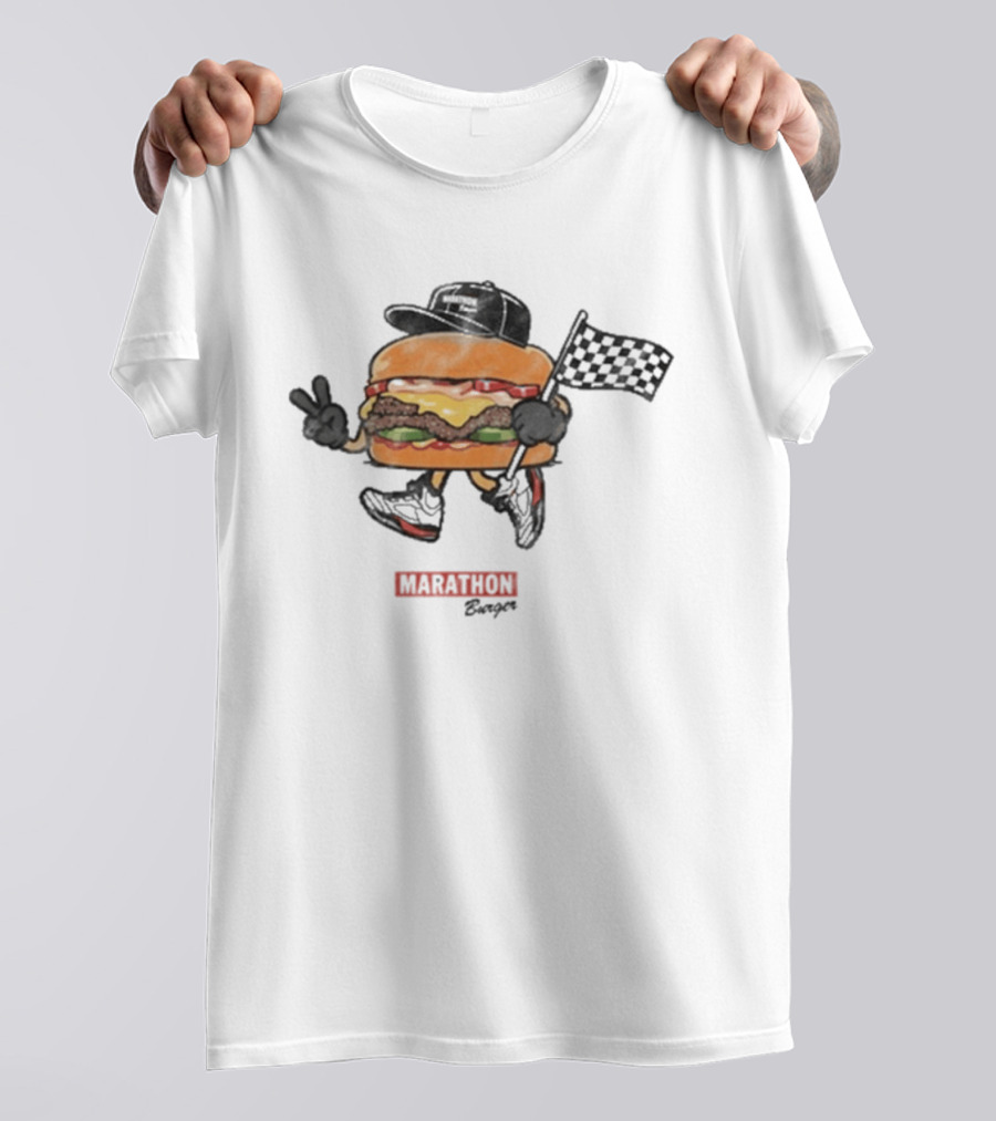 Marathon Burger Cartoon Racing With Peace Sign And Checkered Flag T-Shirt