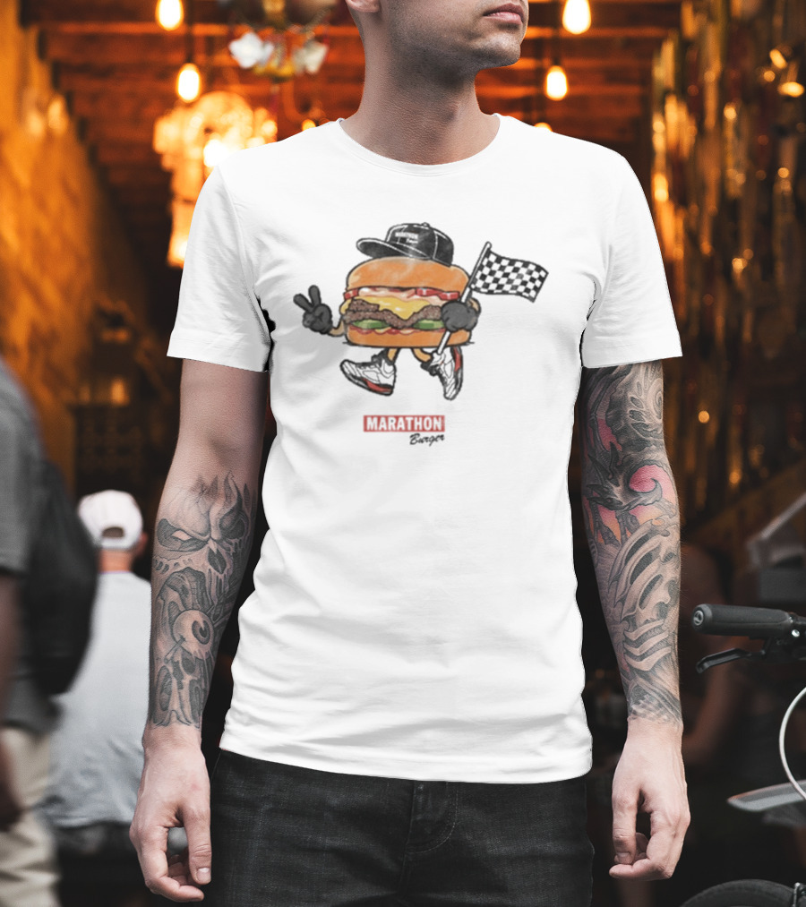 Marathon Burger Cartoon Racing With Peace Sign And Checkered Flag T-Shirt