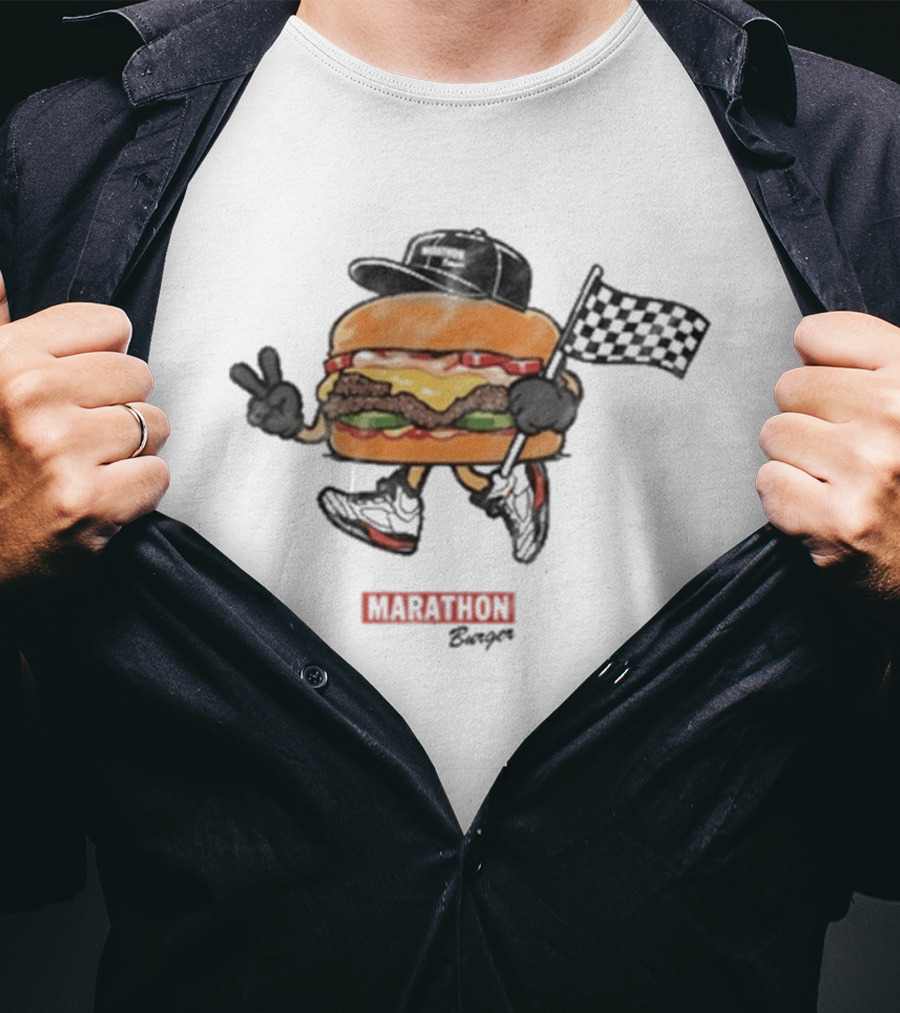 Marathon Burger Cartoon Racing With Peace Sign And Checkered Flag T-Shirt