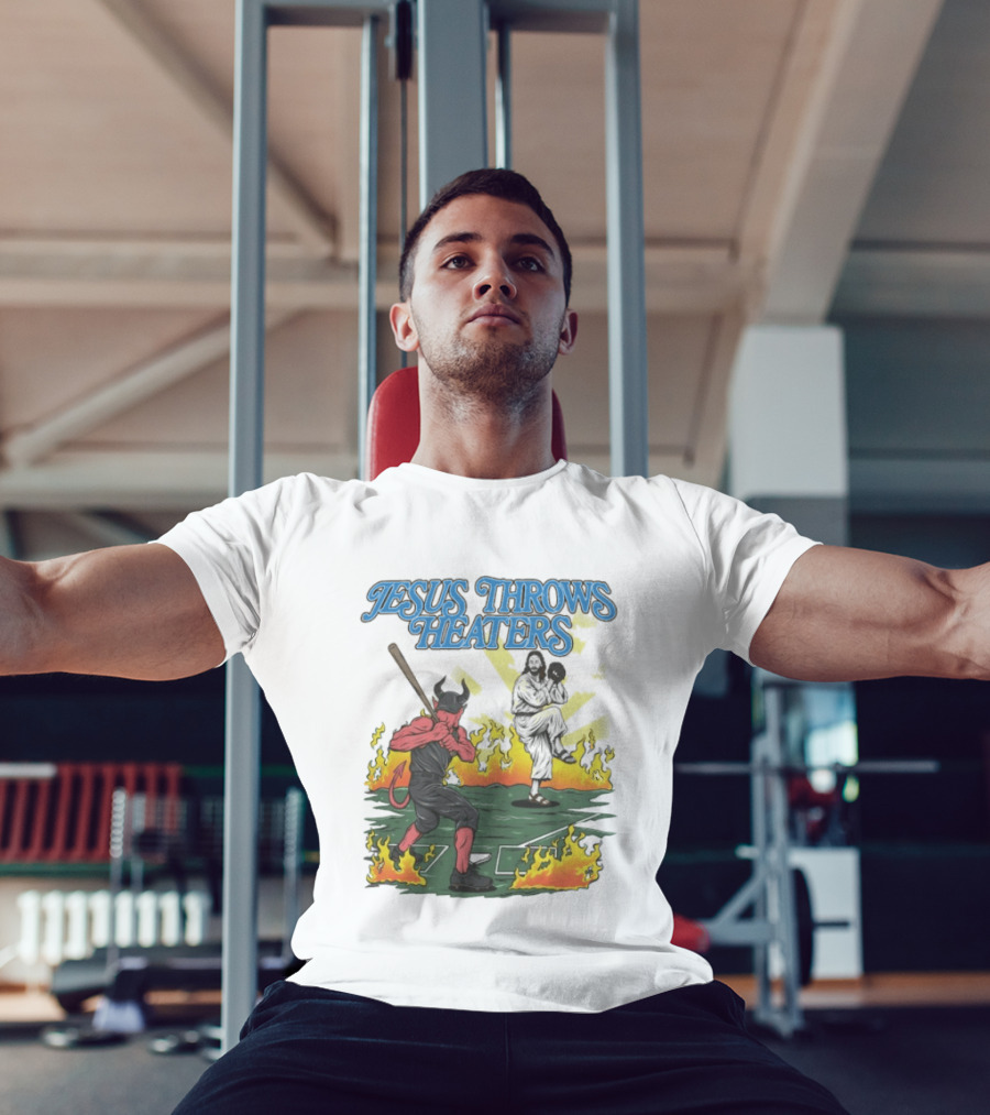 Jesus Throws Heaters Baseball Devil Pitcher Flames T-Shirt