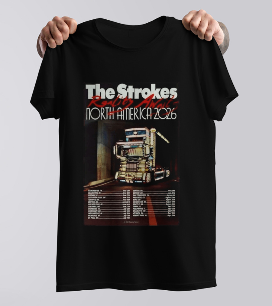 The Strokes Reality Awaits North America 2026 Tour With Concert Dates And American Flag Truck T-Shirt