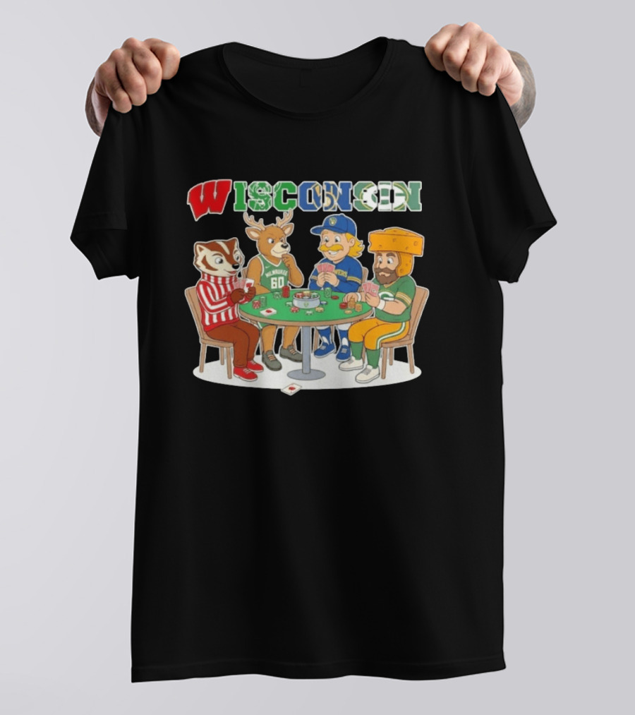 Wisconsin Sports Mascots Playing Poker With Packers Brewers And Bucks Themes T-Shirt