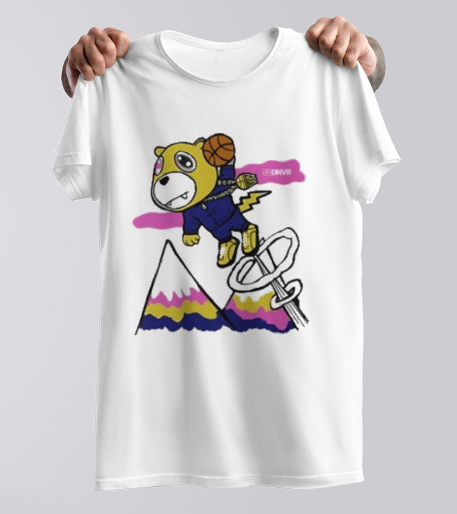 Dnvr Flying Basketball Mascot In Colorful Mountain Scene With Bicycle And Lightning T-Shirt