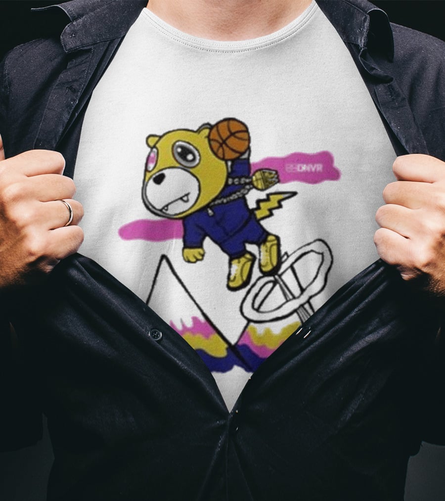 Dnvr Flying Basketball Mascot In Colorful Mountain Scene With Bicycle And Lightning T-Shirt