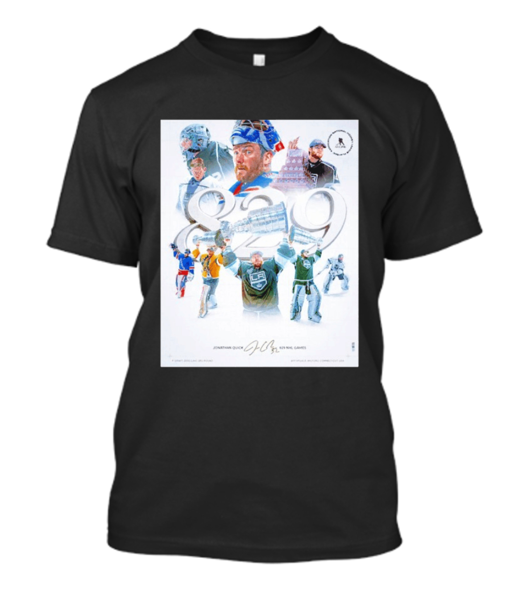 Jonathan Quick 829 NHL Games Collage With Stanley Cup Images T-Shirt