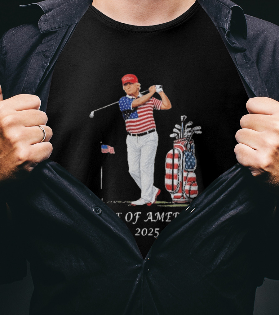 GOLF OF AMERICA 2025 Trump Red Cap Stars Stripes Golf Bag T-Shirt
